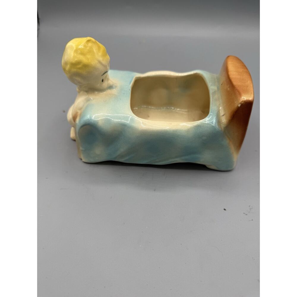 Vintage Praying Child Bed Planter Ceramic Nursery Blond Baby Blue Bed